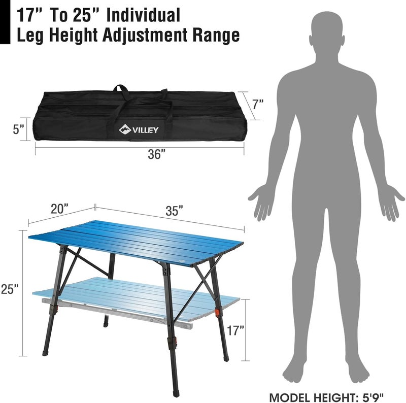 VILLEY Portable Camping Table with Adjustable Legs, Lightweight Aluminum Folding Beach Table with Carrying Bag for Outdoor Cooking, Picnic, Beach, Backyards, BBQ and Party - Image 3